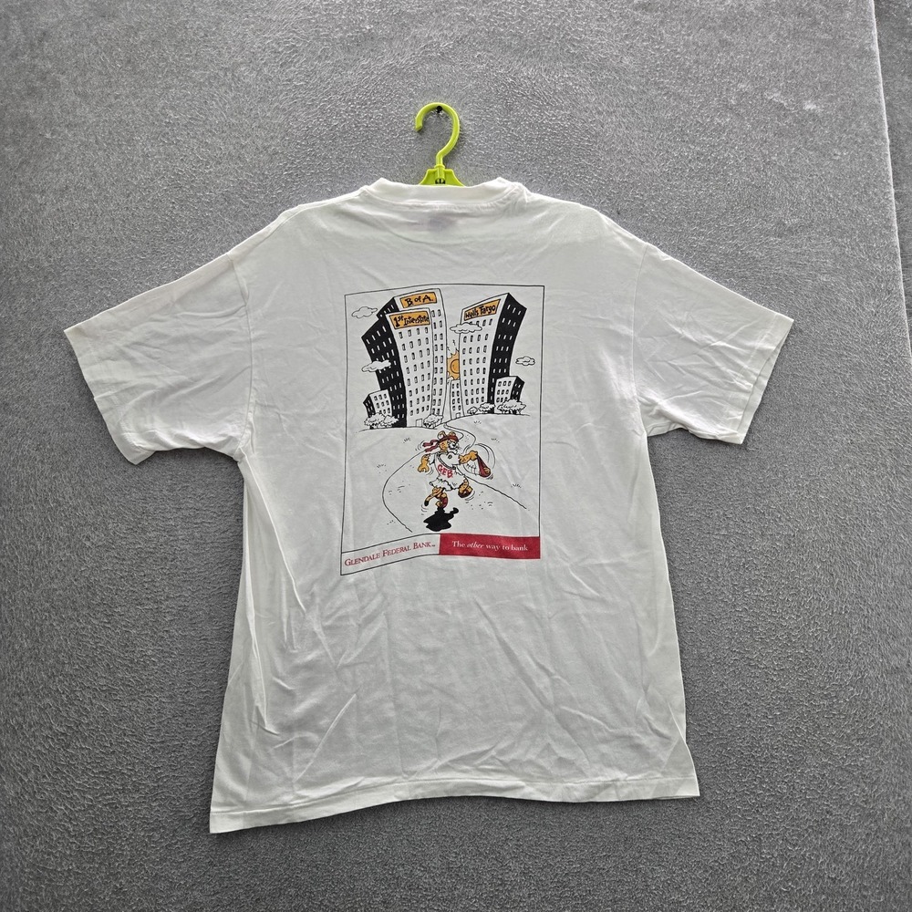 VINTAGE Glendale Federal Bank Men Shirt L White 90s Graphic Cartoon